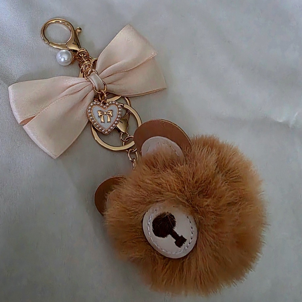 NEW Faux Fur Bear Pom Pom Keychain with Satin Bow and Heart Charm Gold Tone